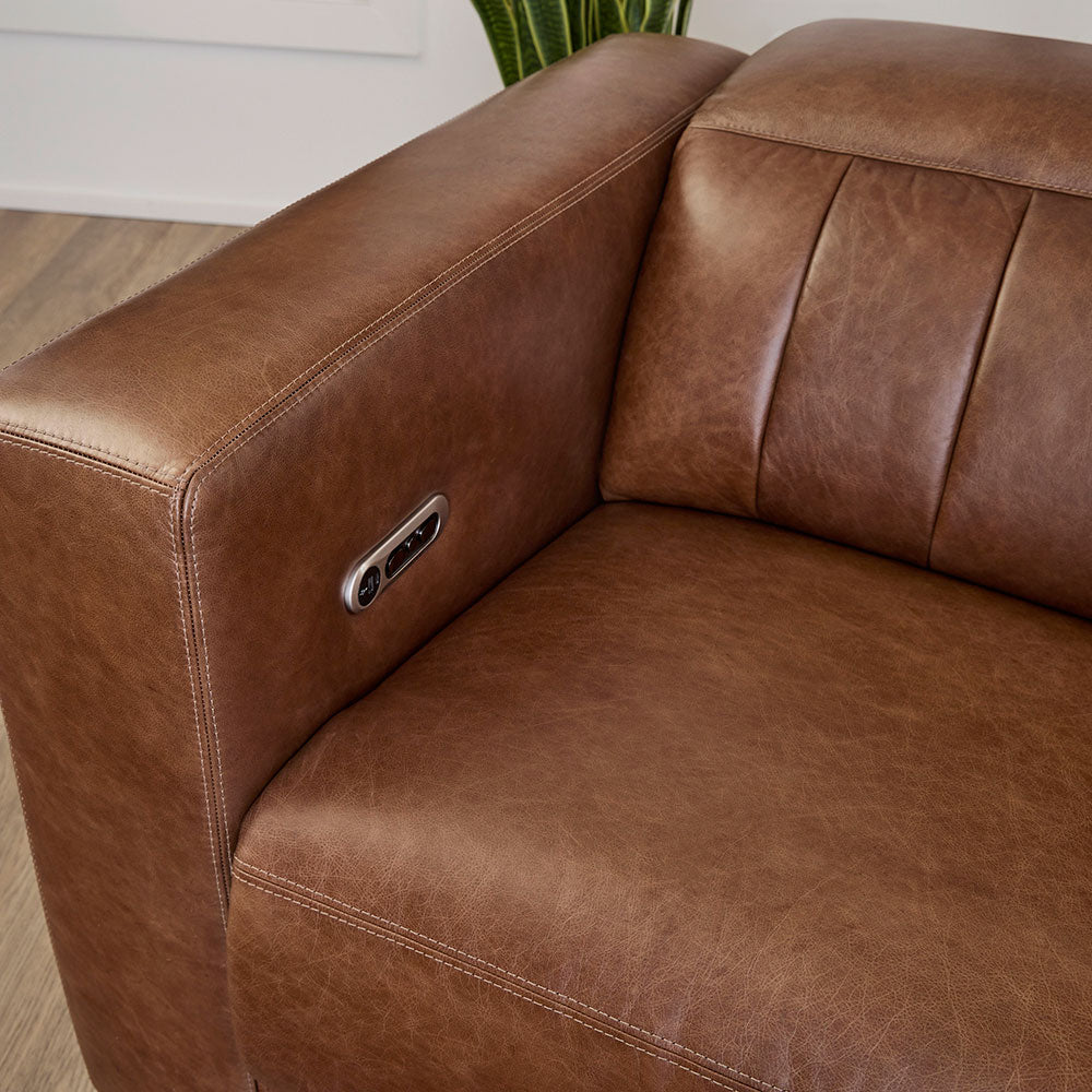 Austin Chestnut Leather Power Reclining Sofa with Power Headrests