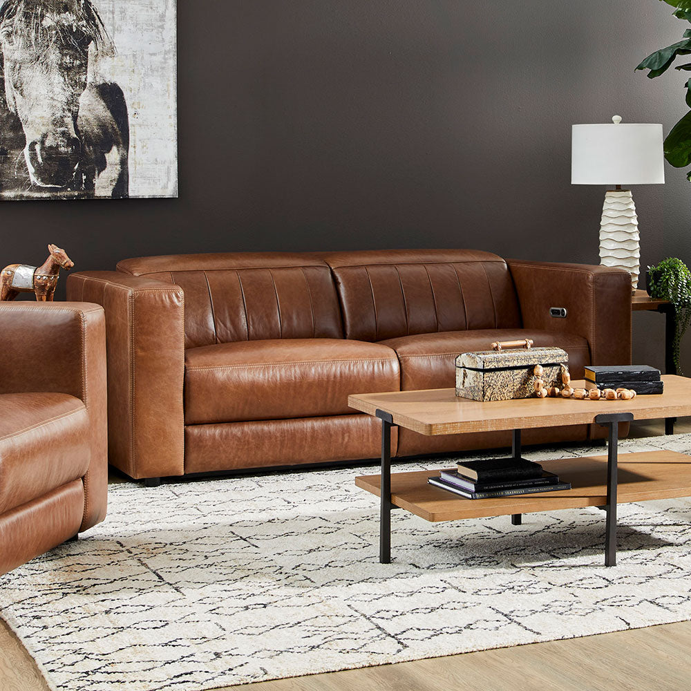 Austin Chestnut Leather Power Reclining Sofa with Power Headrests