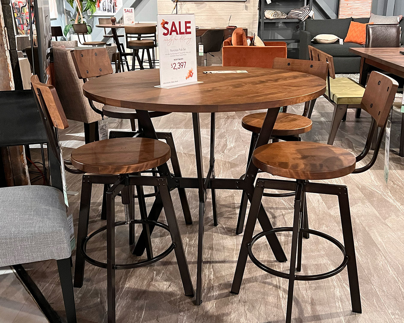 Norcross 42" Round Pub Table + 4 Architect Wood Swivel Stools