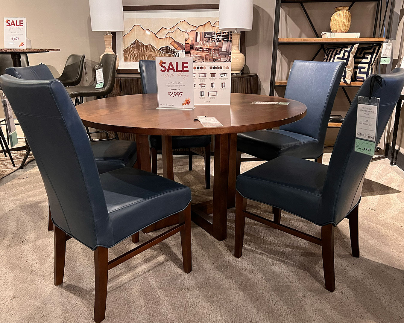 Liam Round Maple Dining Table + 5 Milton Dining Chairs in Blue