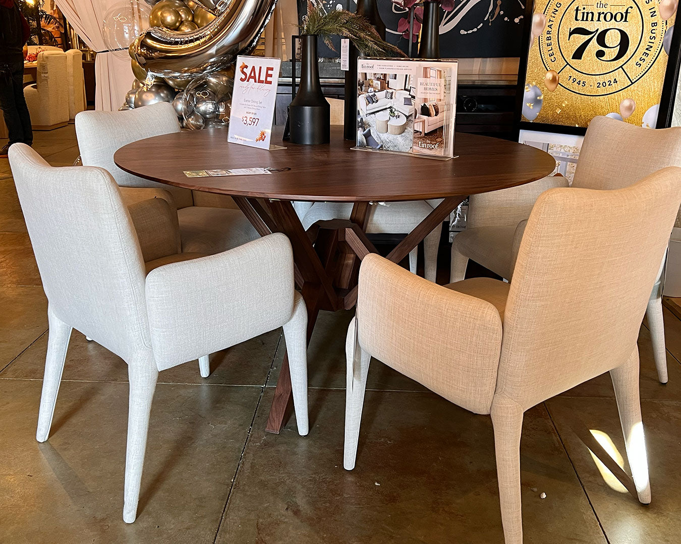 Exeter 54" Round Walnut Dining Table + 5 Monza Dining Chairs