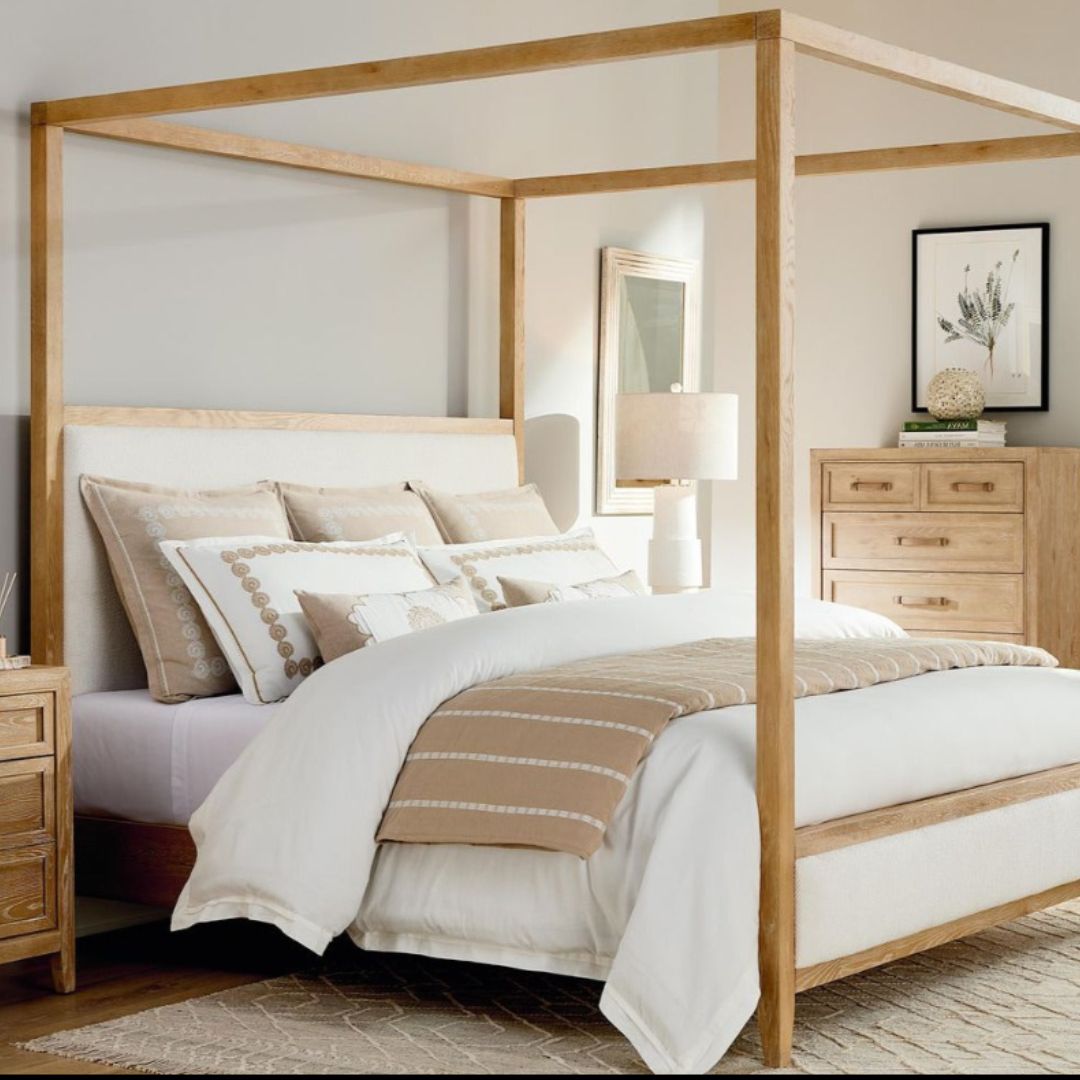 Courtland Upholstered Blond White Oak King Canopy Bed