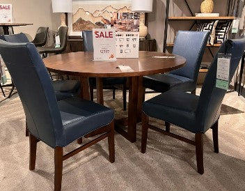 Liam Round Maple Dining Table + 5 Milton Dining Chairs in Blue