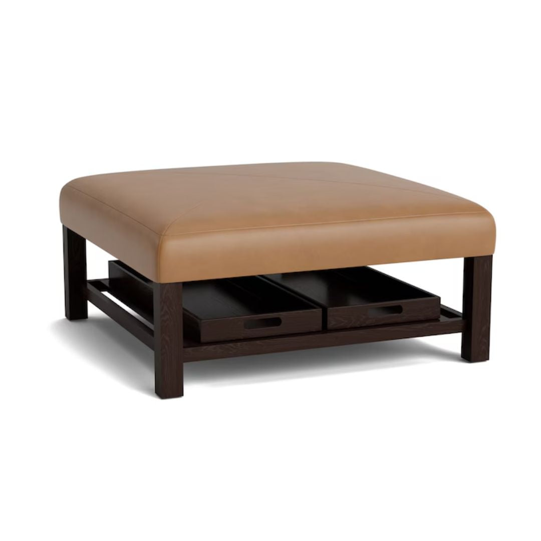 Lori Large Square Leather Ottoman with Trays