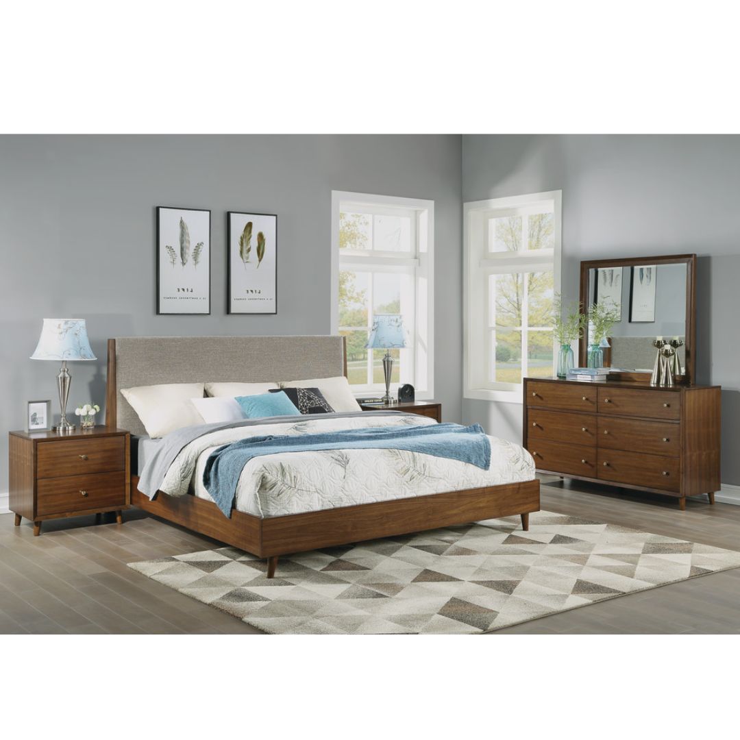 Ludwig Upholstered MCM Walnut Queen Bed