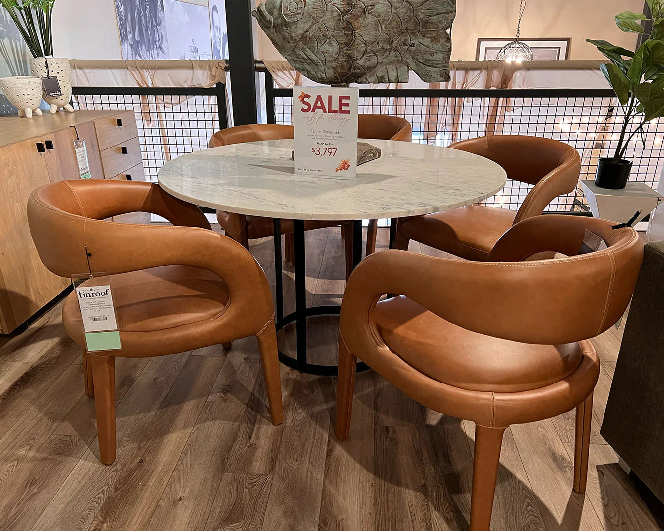 Tanner Round Dining Table + 4 Hawkins Leather Dining Chairs